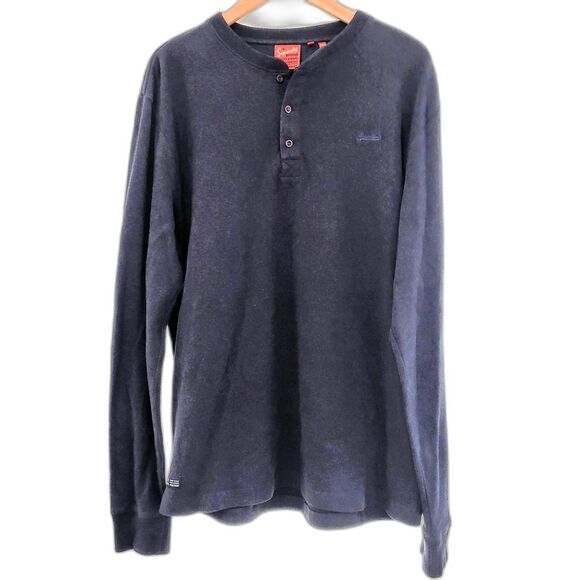 Superdry Top Vintage Logo Embroidered Half Button Henley Navy Tshirt XXL 2XL - Picture 2 of 6